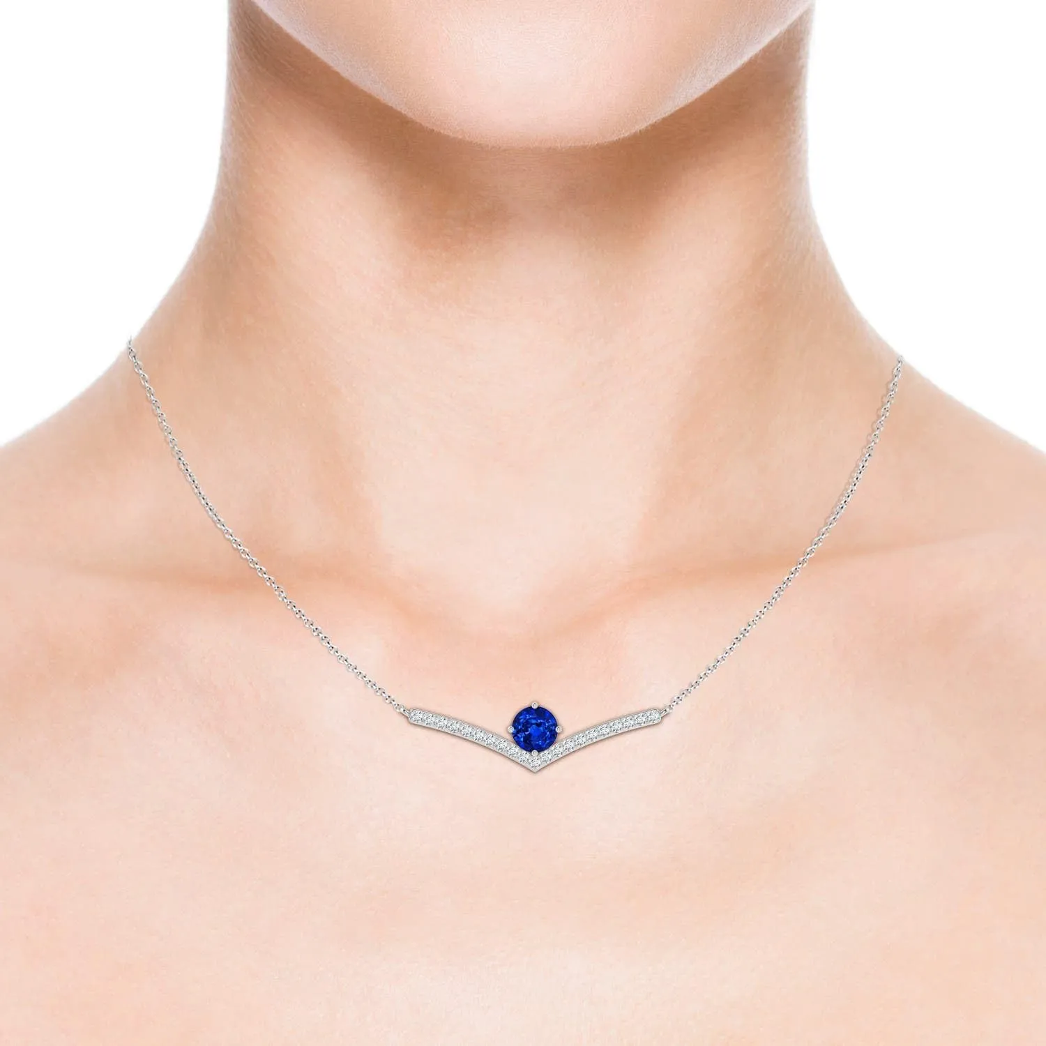 Angara Round Lab Grown Blue Sapphire Chevron Necklace with Diamond Accents in 14K Solid Gold/Platinum | September Birthstone, Birthday, Engagement, Anniversary, Wedding Jewelry Gift for Women