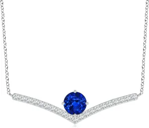 Angara Round Lab Grown Blue Sapphire Chevron Necklace with Diamond Accents in 14K Solid Gold/Platinum | September Birthstone, Birthday, Engagement, Anniversary, Wedding Jewelry Gift for Women