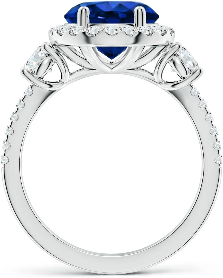 Angara Round Lab Grown Blue Sapphire Halo Double Shank Engagement Ring in 14K Solid Gold/Platinum | September Birthstone, Birthday, Anniversary, Wedding Jewelry Gift for Women