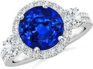Angara Round Lab Grown Blue Sapphire Halo Double Shank Engagement Ring in 14K Solid Gold/Platinum | September Birthstone, Birthday, Anniversary, Wedding Jewelry Gift for Women