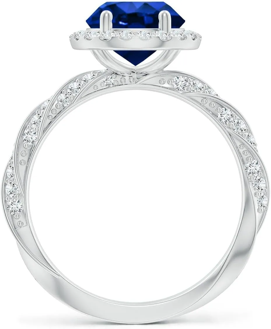 Angara Round Lab Grown Blue Sapphire Halo Twisted Rope Shank Engagement Ring in 14K Solid Gold/Platinum | September Birthstone, Birthday, Anniversary, Wedding Jewelry Gift for Women