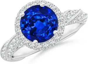 Angara Round Lab Grown Blue Sapphire Halo Twisted Rope Shank Engagement Ring in 14K Solid Gold/Platinum | September Birthstone, Birthday, Anniversary, Wedding Jewelry Gift for Women