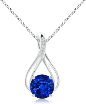 Angara Round Lab Grown Blue Sapphire Infinity Twist Pendant with Diamonds in 14K Solid Gold/Platinum | September Birthstone, Birthday, Engagement, Anniversary, Wedding Jewelry Gift for Women