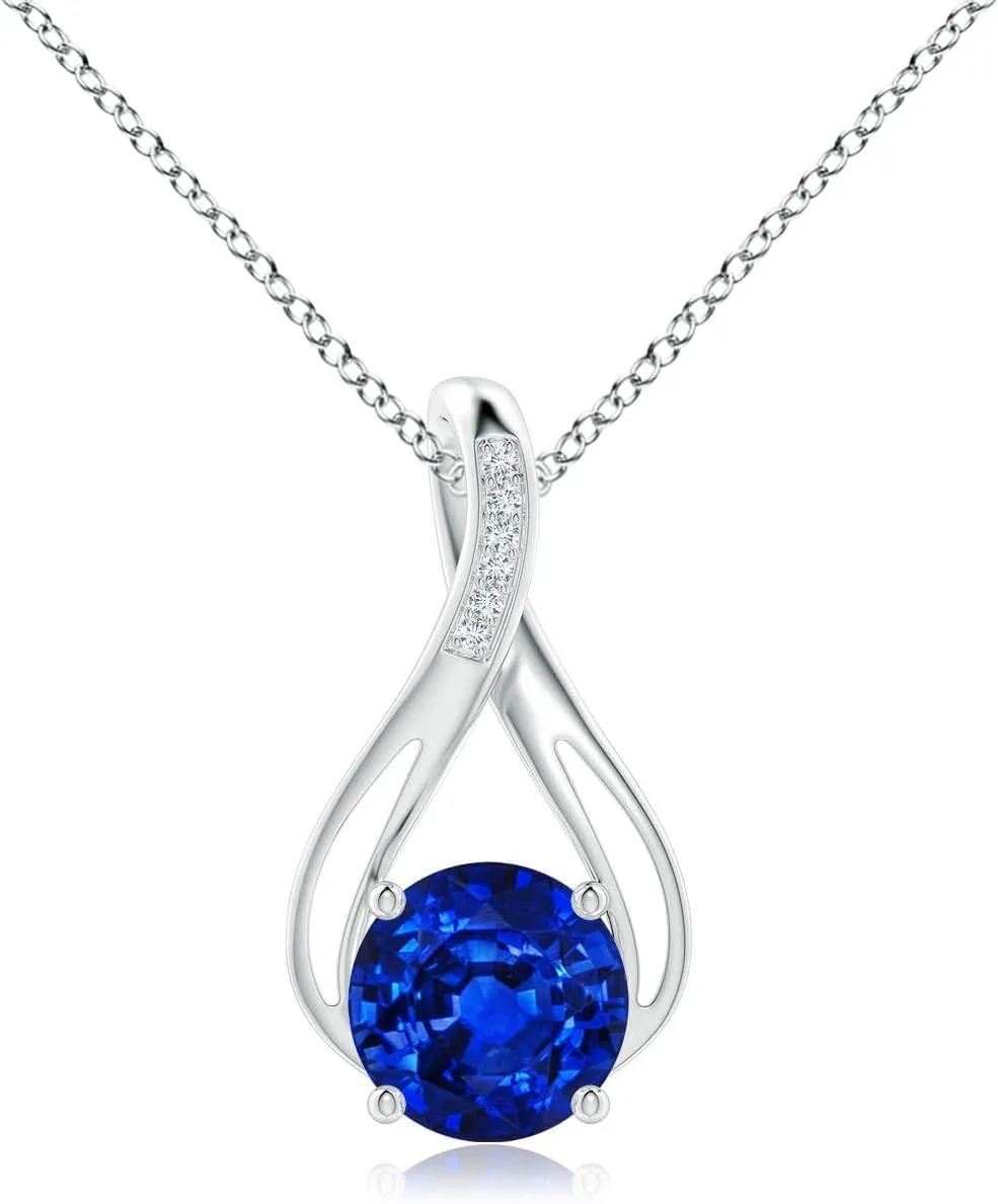 Angara Round Lab Grown Blue Sapphire Infinity Twist Pendant with Diamonds in 14K Solid Gold/Platinum | September Birthstone, Birthday, Engagement, Anniversary, Wedding Jewelry Gift for Women