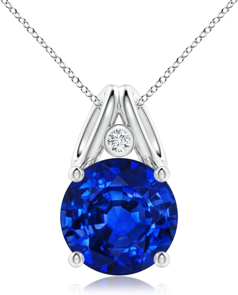 Angara Round Lab Grown Blue Sapphire Pendant with Diamond in 14K Solid Gold/Platinum | September Birthstone, Birthday, Engagement, Anniversary, Wedding Jewelry Gift for Women
