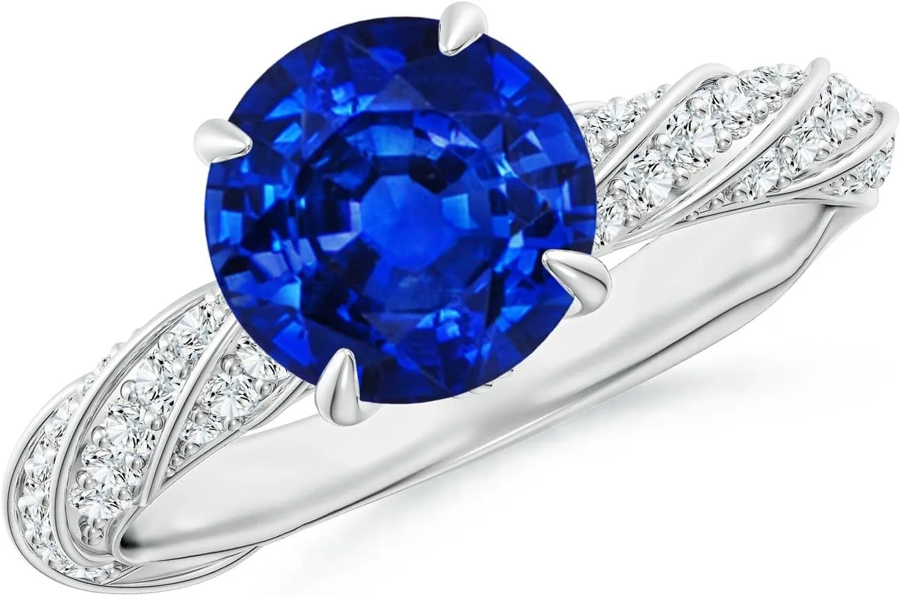 Angara Round Lab Grown Blue Sapphire Twisted Rope Shank Engagement Ring in 14K Solid Gold/Platinum | September Birthstone, Birthday, Anniversary, Wedding Jewelry Gift for Women