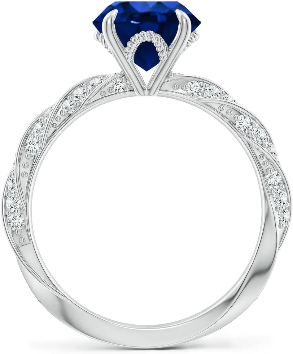 Angara Round Lab Grown Blue Sapphire Twisted Rope Shank Engagement Ring in 14K Solid Gold/Platinum | September Birthstone, Birthday, Anniversary, Wedding Jewelry Gift for Women