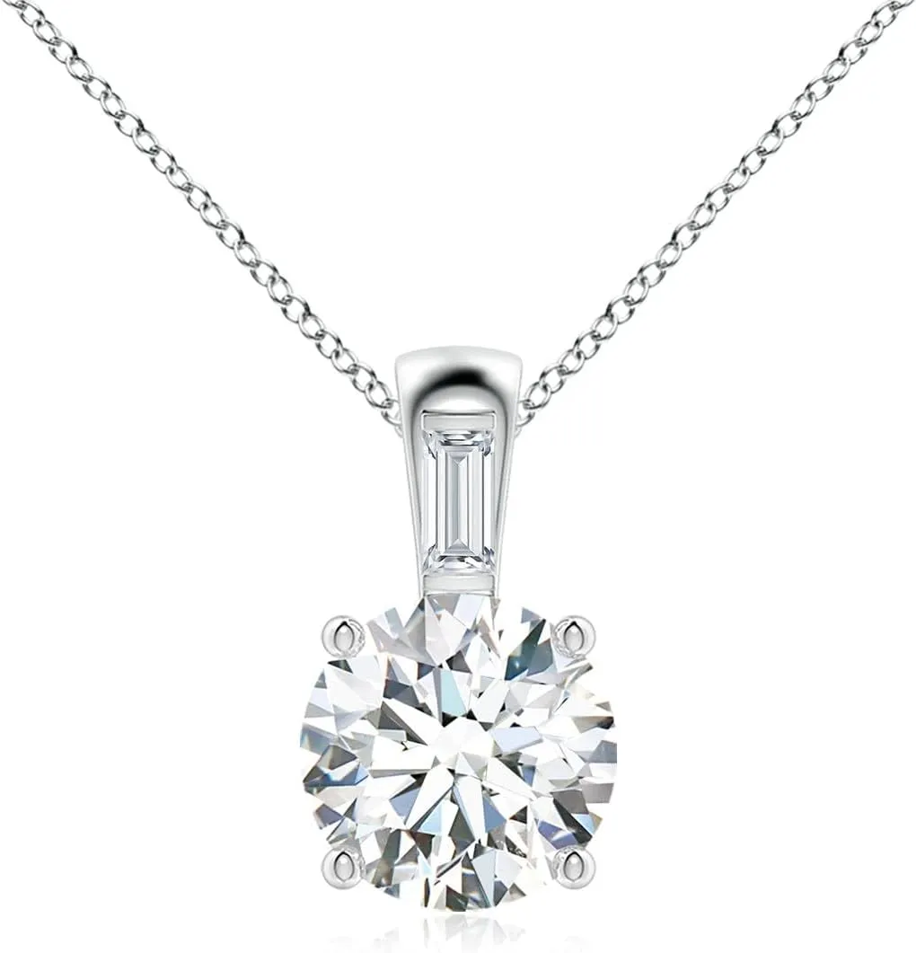 Angara Round Lab Grown Diamond Pendant with Baguette Accent in 14K Solid Gold/Platinum | April Birthstone, Birthday, Engagement, Anniversary, Wedding Jewelry Gift for Women
