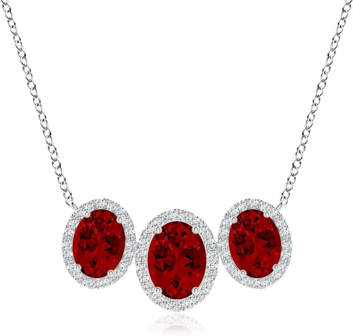 Angara Three Stone Oval Lab Grown Ruby Halo Pendant in 14K Solid Gold/Platinum | July Birthstone, Birthday, Engagement, Anniversary, Wedding Jewelry Gift for Women