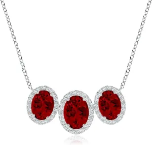 Angara Three Stone Oval Lab Grown Ruby Halo Pendant in 14K Solid Gold/Platinum | July Birthstone, Birthday, Engagement, Anniversary, Wedding Jewelry Gift for Women