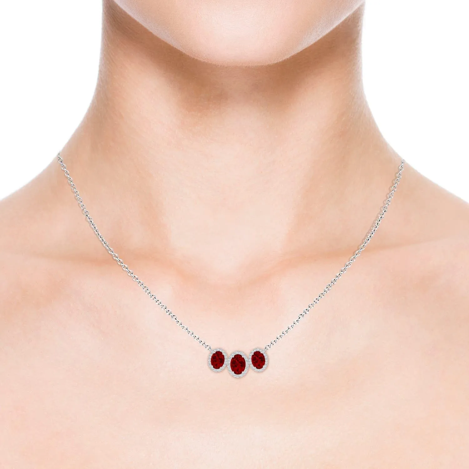 Angara Three Stone Oval Lab Grown Ruby Halo Pendant in 14K Solid Gold/Platinum | July Birthstone, Birthday, Engagement, Anniversary, Wedding Jewelry Gift for Women