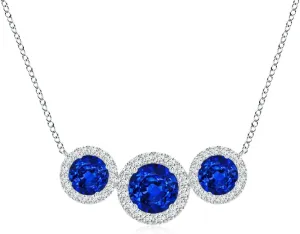 Angara Three Stone Round Lab Grown Blue Sapphire Halo Pendant in 14K Solid Gold/Platinum | September Birthstone, Birthday, Engagement, Anniversary, Wedding Jewelry Gift for Women