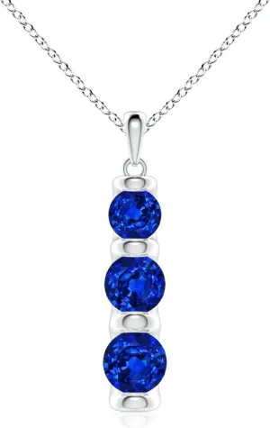 Angara Three Stone Round Lab Grown Blue Sapphire Journey Pendant in 14K Solid Gold/Platinum | September Birthstone, Birthday, Engagement, Anniversary, Wedding Jewelry Gift for Women
