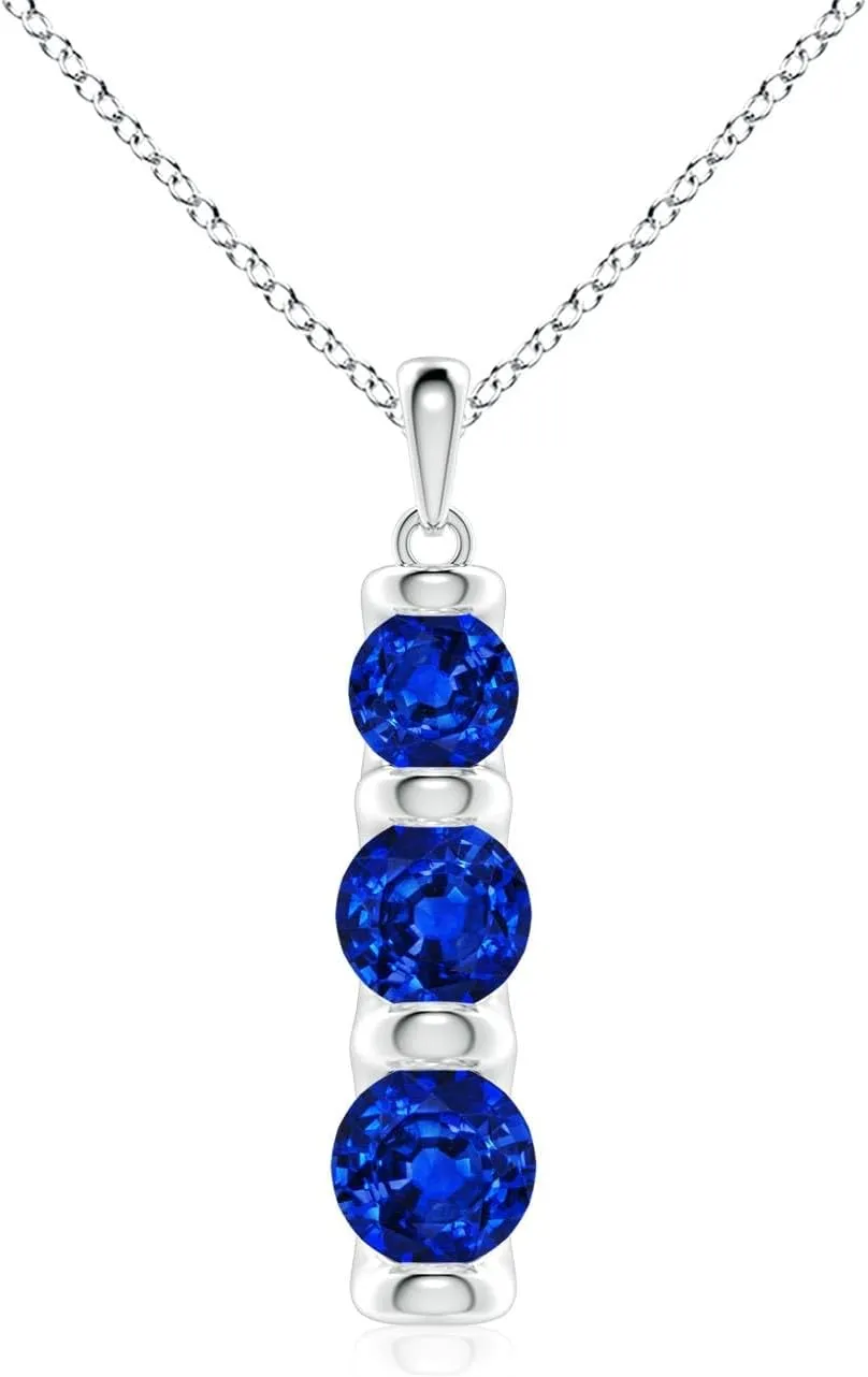 Angara Three Stone Round Lab Grown Blue Sapphire Journey Pendant in 14K Solid Gold/Platinum | September Birthstone, Birthday, Engagement, Anniversary, Wedding Jewelry Gift for Women