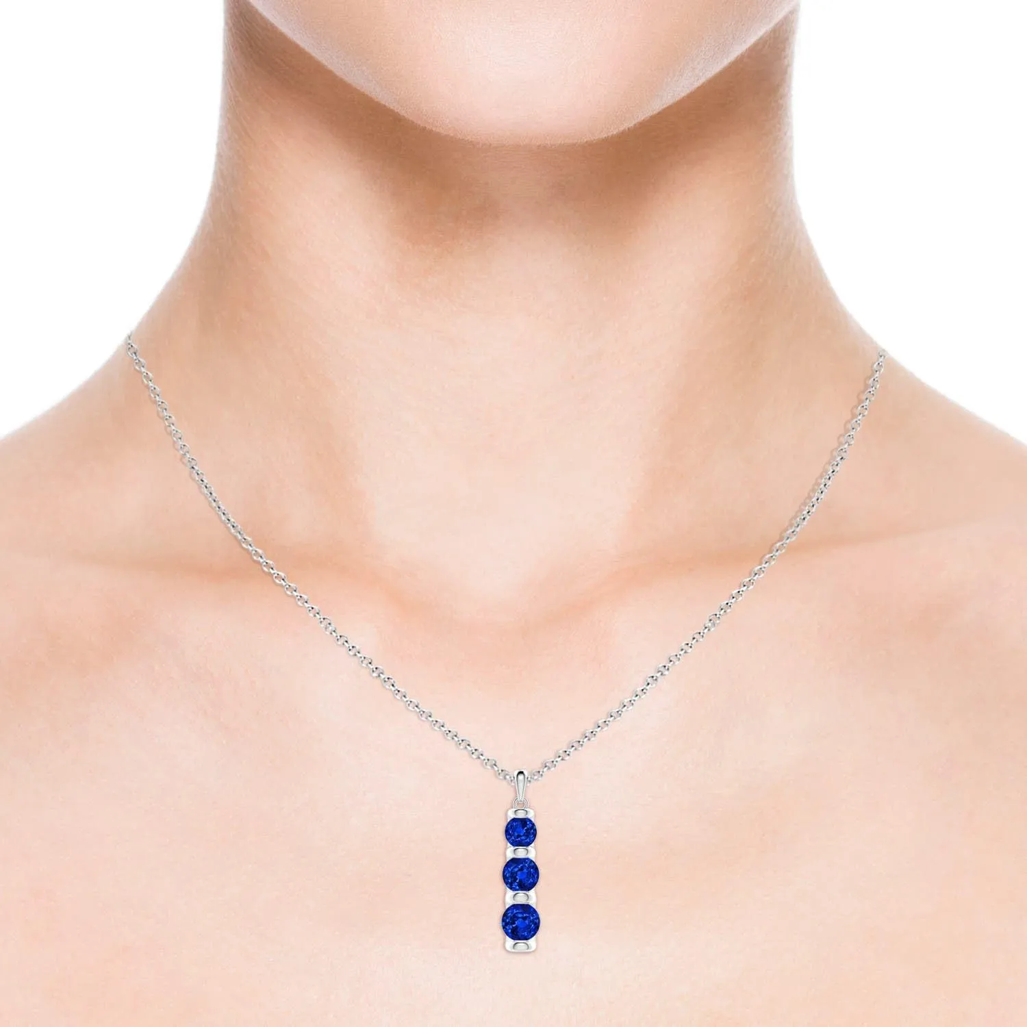 Angara Three Stone Round Lab Grown Blue Sapphire Journey Pendant in 14K Solid Gold/Platinum | September Birthstone, Birthday, Engagement, Anniversary, Wedding Jewelry Gift for Women