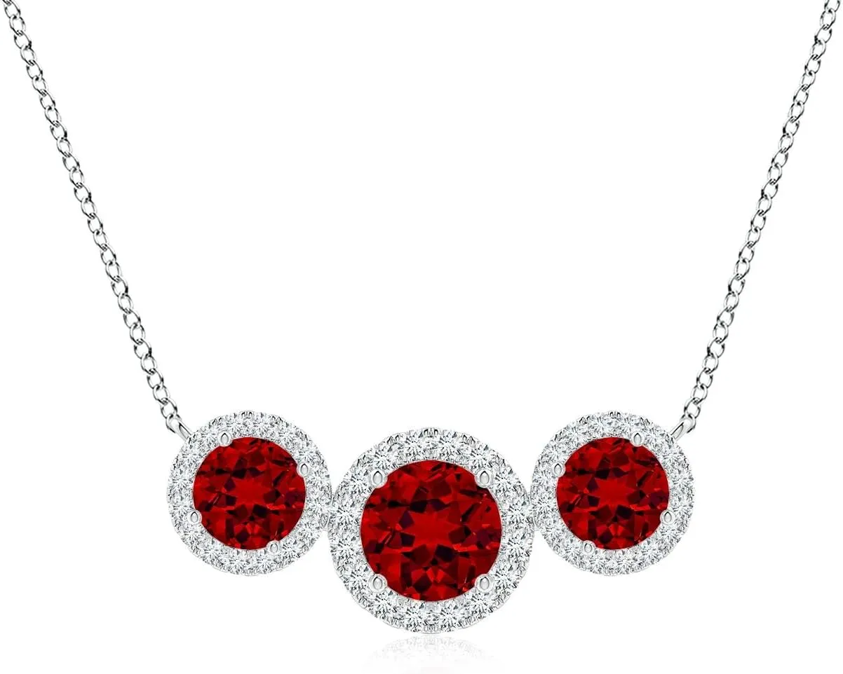 Angara Three Stone Round Lab Grown Ruby Halo Pendant in 14K Solid Gold/Platinum | July Birthstone, Birthday, Engagement, Anniversary, Wedding Jewelry Gift for Women