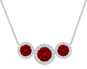 Angara Three Stone Round Lab Grown Ruby Halo Pendant in 14K Solid Gold/Platinum | July Birthstone, Birthday, Engagement, Anniversary, Wedding Jewelry Gift for Women
