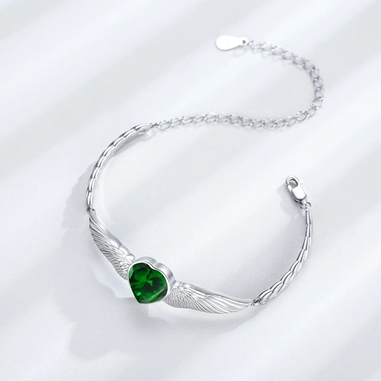 Angel Wings Bracelet for Women 925 Sterling Silver Heart Birthstone Bracelet Suitable for Mother's Day Birthday Jewelry Gift for Mother Lover Wife