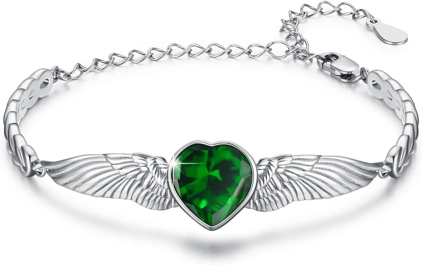 Angel Wings Bracelet for Women 925 Sterling Silver Heart Birthstone Bracelet Suitable for Mother's Day Birthday Jewelry Gift for Mother Lover Wife