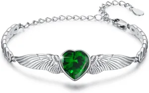 Angel Wings Bracelet for Women 925 Sterling Silver Heart Birthstone Bracelet Suitable for Mother's Day Birthday Jewelry Gift for Mother Lover Wife