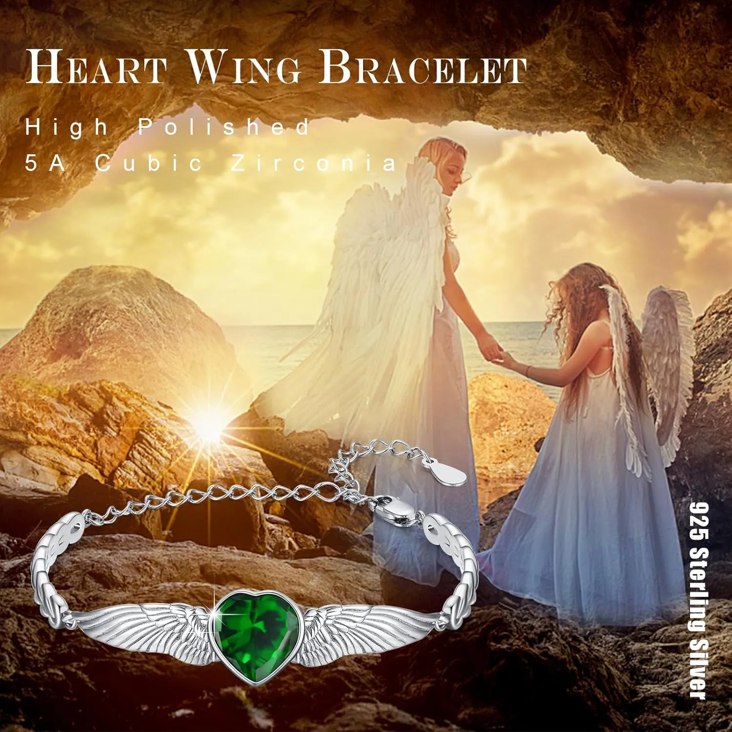 Angel Wings Bracelet for Women 925 Sterling Silver Heart Birthstone Bracelet Suitable for Mother's Day Birthday Jewelry Gift for Mother Lover Wife