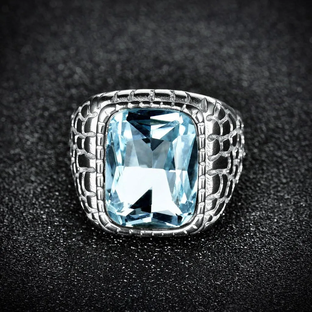 Anti Allergy 316L Stainless Steel Ring Man Synthetic Aquamarine Crystal Engagement Wedding Jewelry
