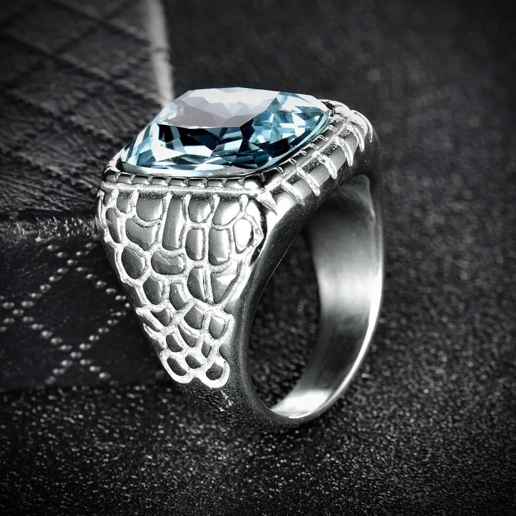 Anti Allergy 316L Stainless Steel Ring Man Synthetic Aquamarine Crystal Engagement Wedding Jewelry
