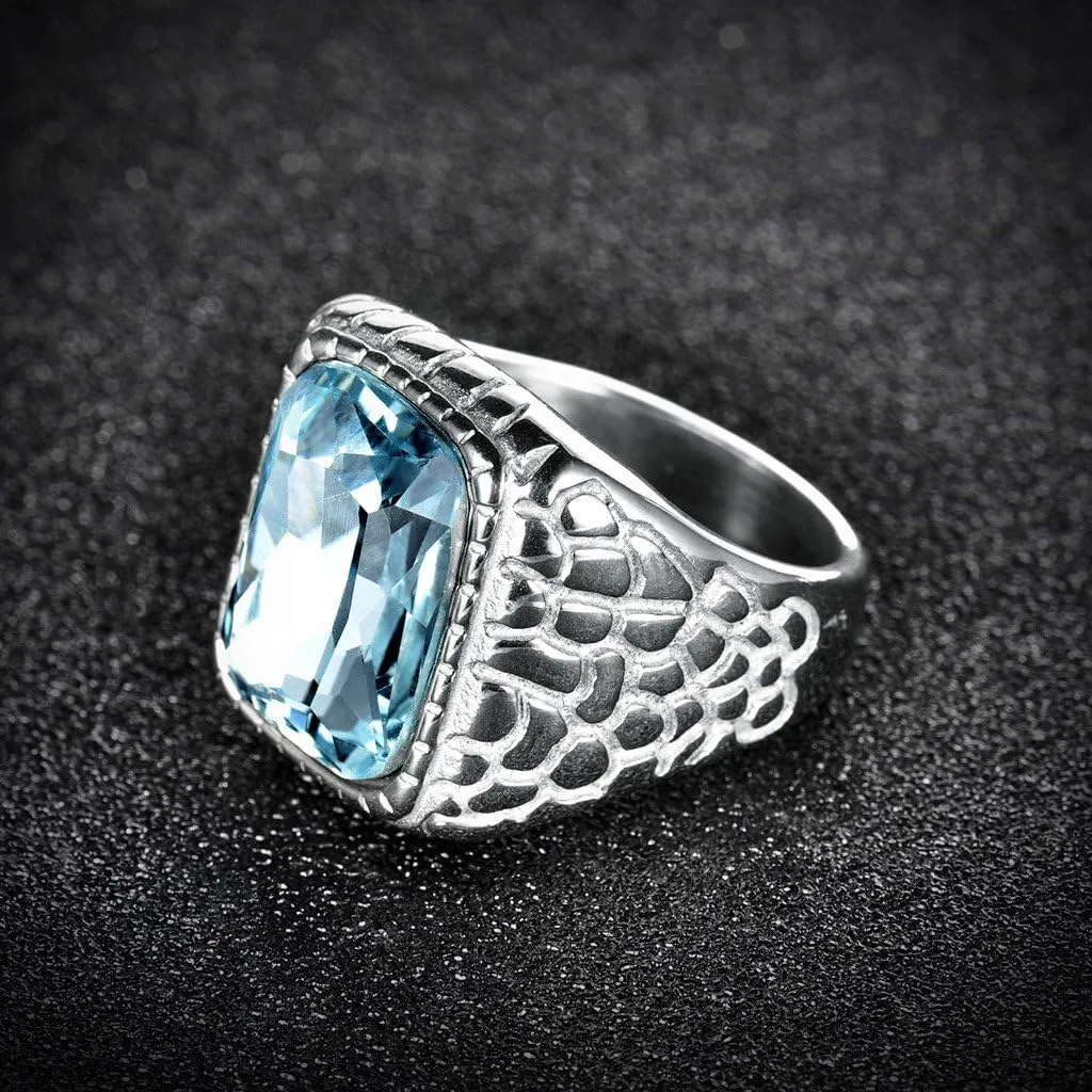 Anti Allergy 316L Stainless Steel Ring Man Synthetic Aquamarine Crystal Engagement Wedding Jewelry