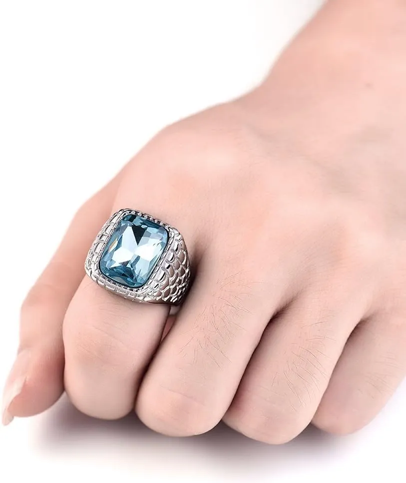 Anti Allergy 316L Stainless Steel Ring Man Synthetic Aquamarine Crystal Engagement Wedding Jewelry