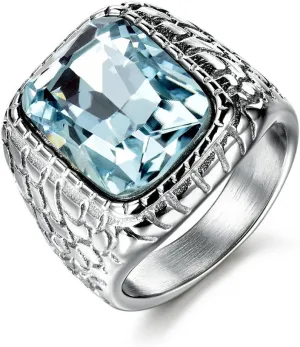 Anti Allergy 316L Stainless Steel Ring Man Synthetic Aquamarine Crystal Engagement Wedding Jewelry