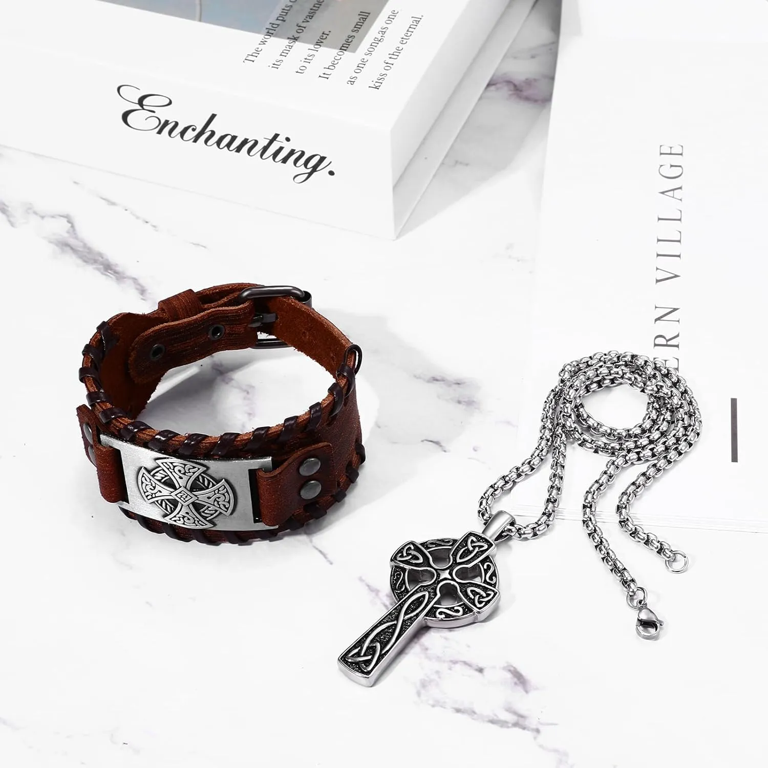 Aroncent Cross Necklace Bracelet Set: 2Pcs Stainless Steel Viking Odin Celtic Knot Wide Leather Cool Bracelets Punk Rock Biker Cuff Wrap Wristband Cross Pendant Necklace for Men