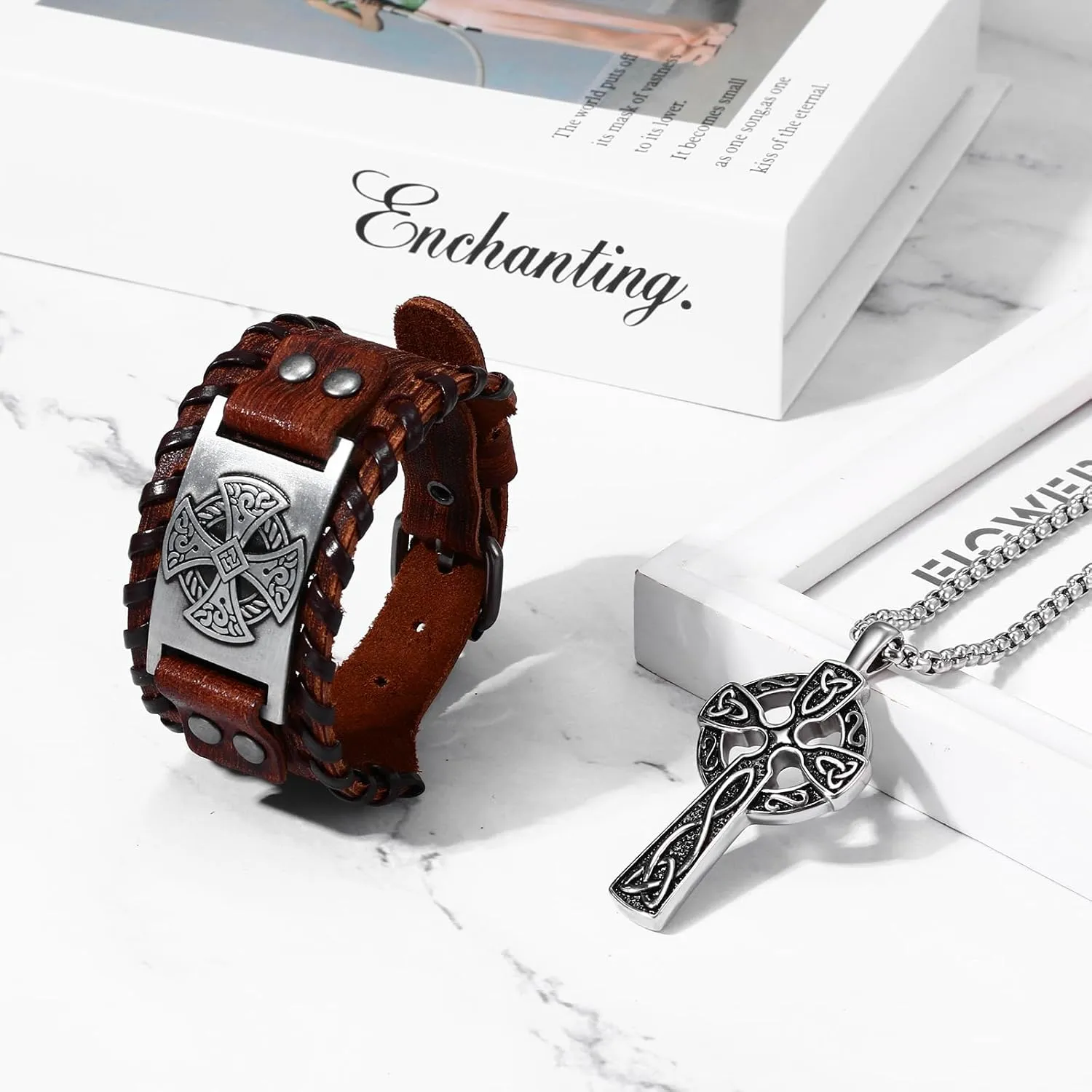 Aroncent Cross Necklace Bracelet Set: 2Pcs Stainless Steel Viking Odin Celtic Knot Wide Leather Cool Bracelets Punk Rock Biker Cuff Wrap Wristband Cross Pendant Necklace for Men