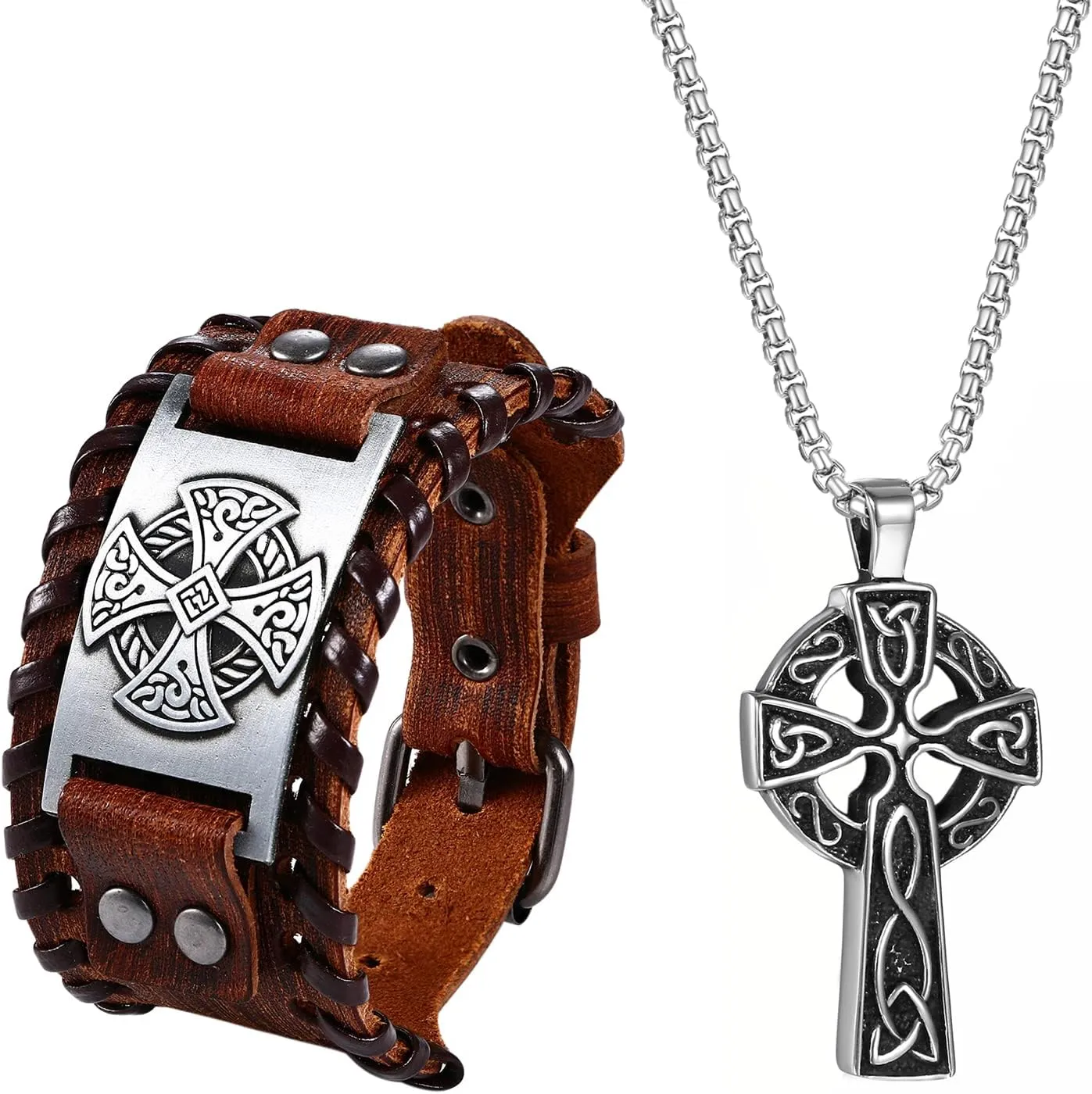 Aroncent Cross Necklace Bracelet Set: 2Pcs Stainless Steel Viking Odin Celtic Knot Wide Leather Cool Bracelets Punk Rock Biker Cuff Wrap Wristband Cross Pendant Necklace for Men