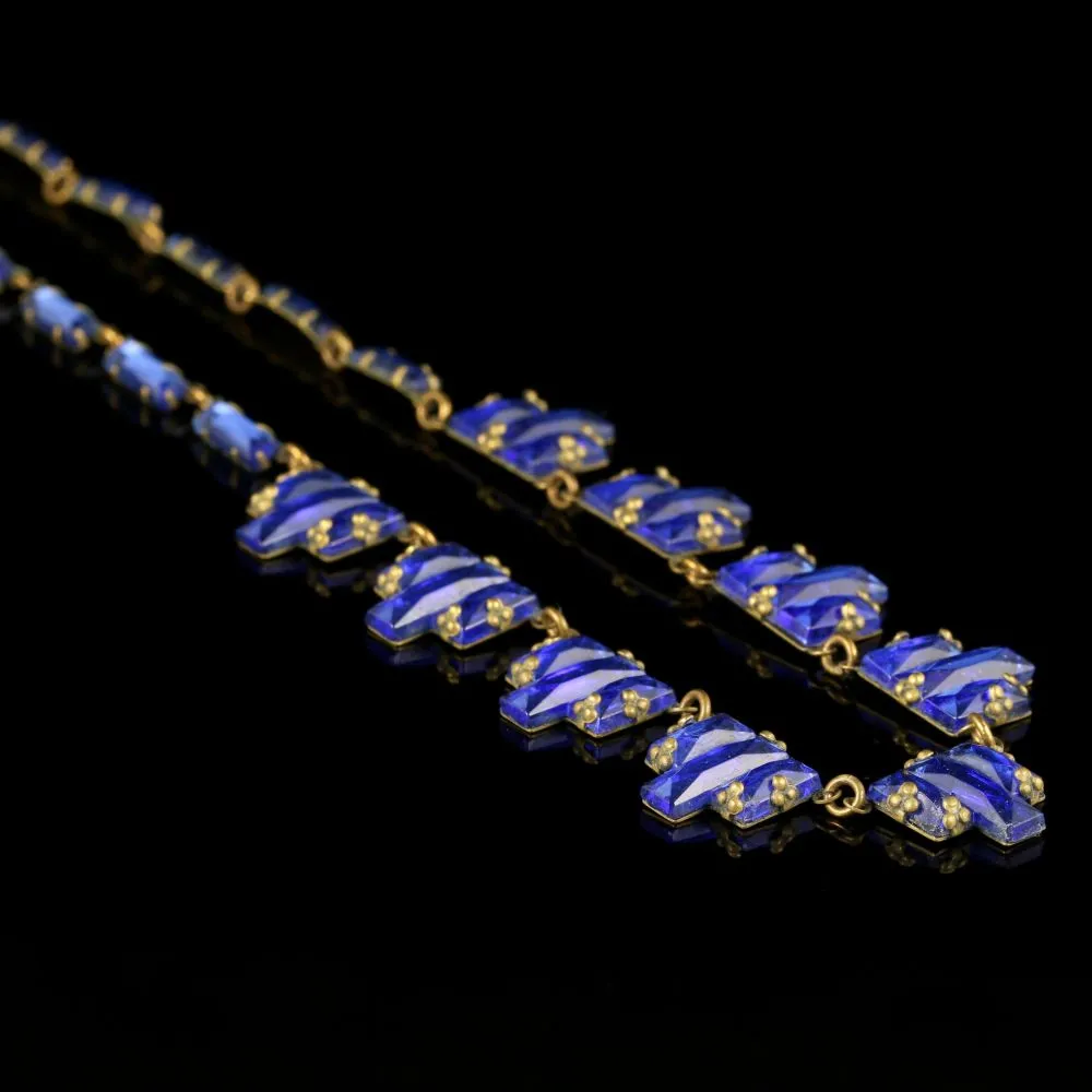 Art Deco Czech Necklace Blue Mirror Glass Circa 1920
