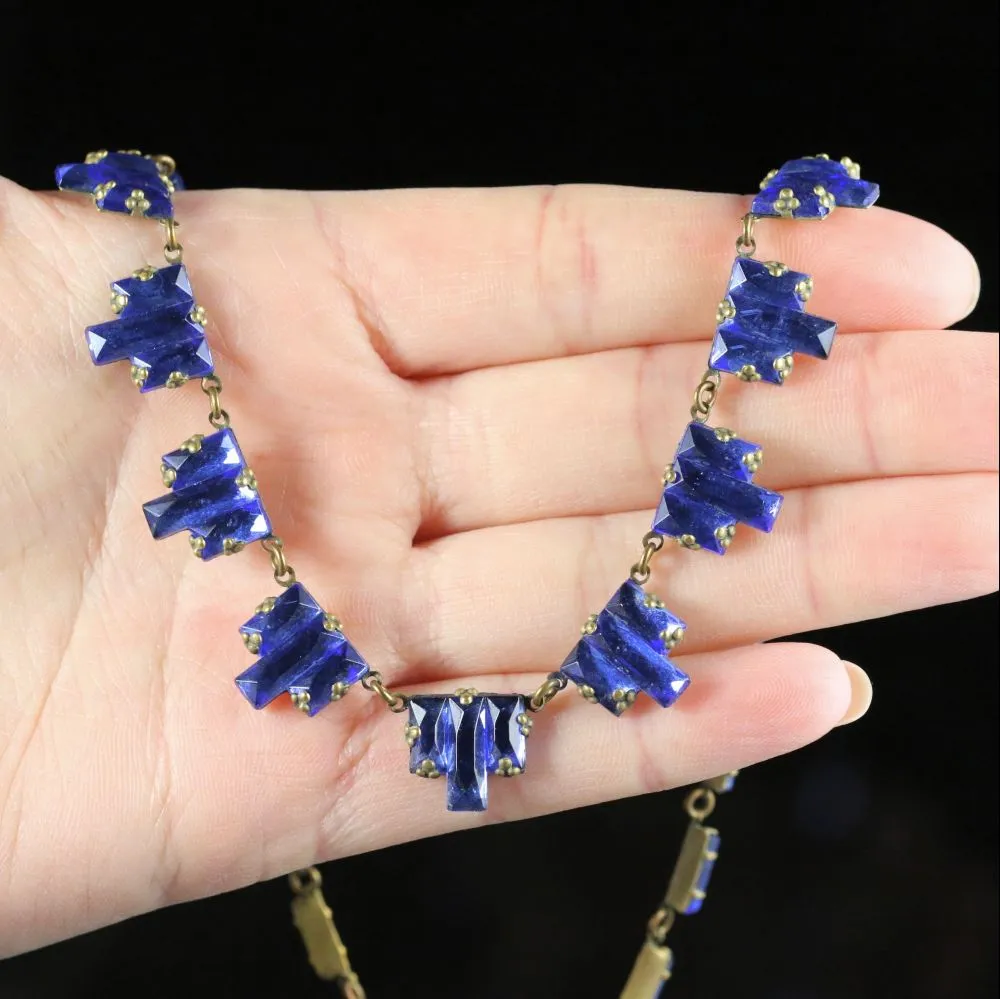 Art Deco Czech Necklace Blue Mirror Glass Circa 1920