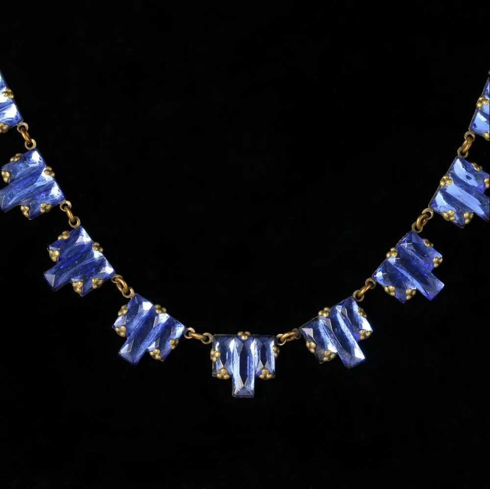 Art Deco Czech Necklace Blue Mirror Glass Circa 1920