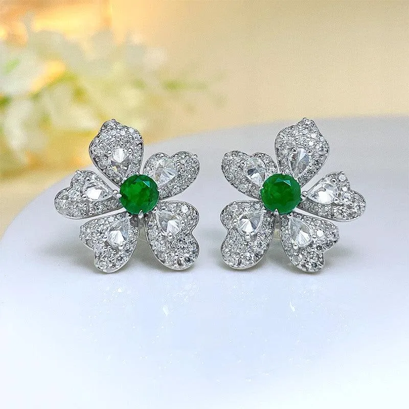 Artificial Emerald Flower Earrings 925 Silver Plated