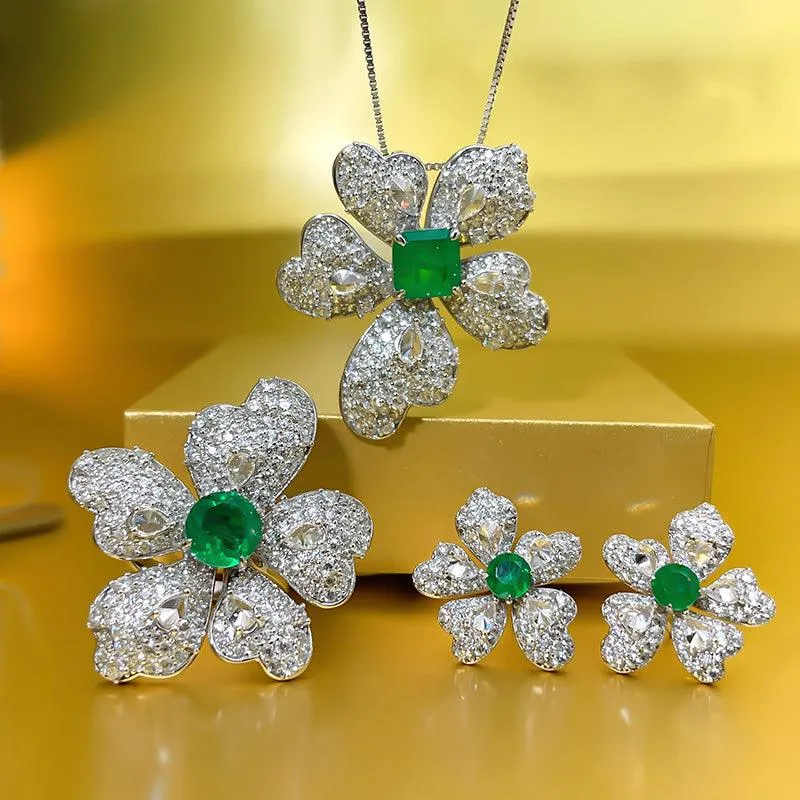 Artificial Emerald Flower Earrings 925 Silver Plated