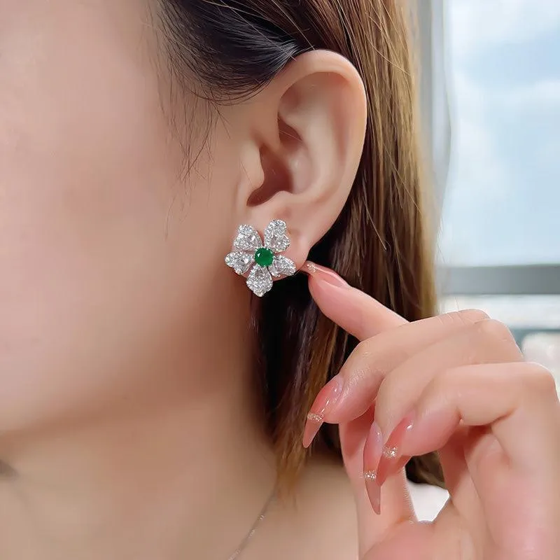 Artificial Emerald Flower Earrings 925 Silver Plated