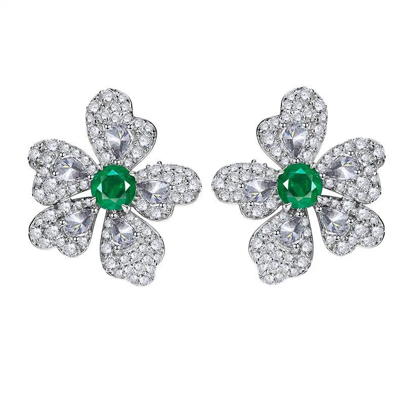 Artificial Emerald Flower Earrings 925 Silver Plated