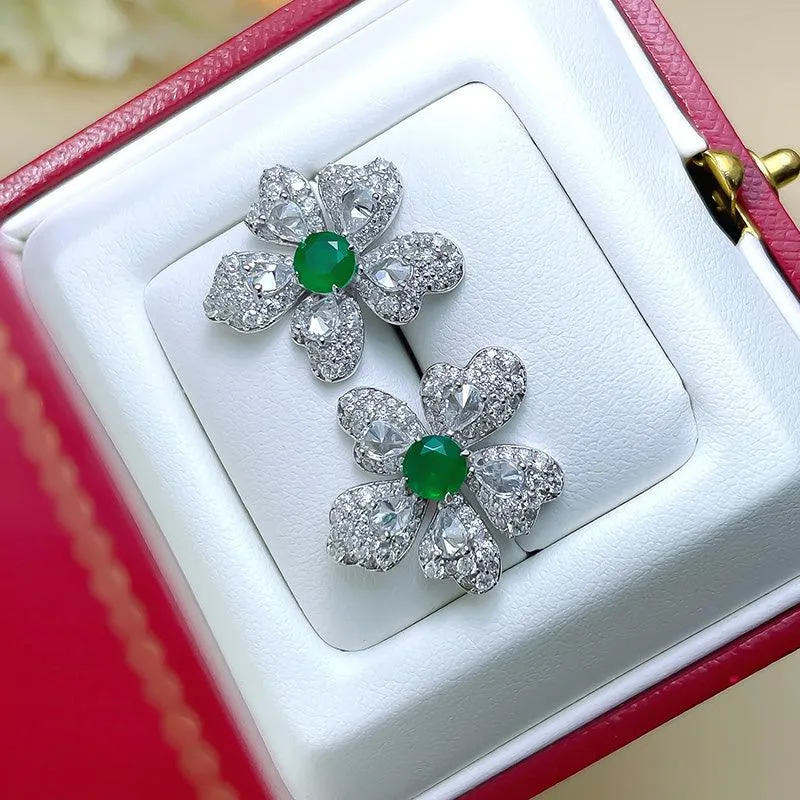 Artificial Emerald Flower Earrings 925 Silver Plated