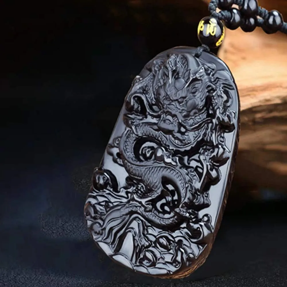 ASGIFT Obsidian Lucky Necklace Power Stone Amulet Protection Pendant with Adjustable Bead Chain Healing Crystal Spiritual Gift