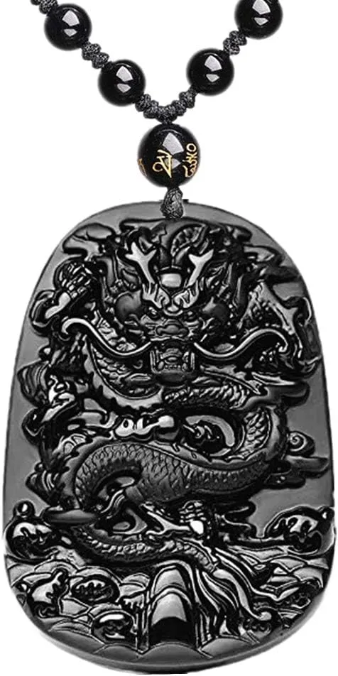 ASGIFT Obsidian Lucky Necklace Power Stone Amulet Protection Pendant with Adjustable Bead Chain Healing Crystal Spiritual Gift