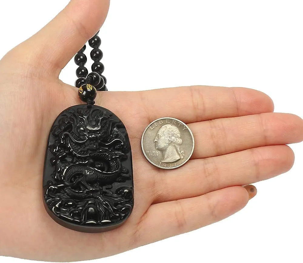 ASGIFT Obsidian Lucky Necklace Power Stone Amulet Protection Pendant with Adjustable Bead Chain Healing Crystal Spiritual Gift