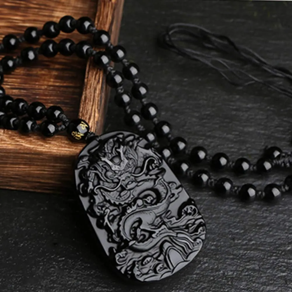 ASGIFT Obsidian Lucky Necklace Power Stone Amulet Protection Pendant with Adjustable Bead Chain Healing Crystal Spiritual Gift