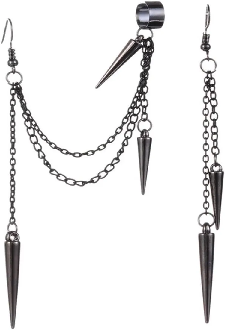 Asymmetry Rivet Earrings for Women Punk Y2K Black Dangle Ear Clips Earrings Fashion Goth Punk Tassel Chain Ear Cuff Earrings