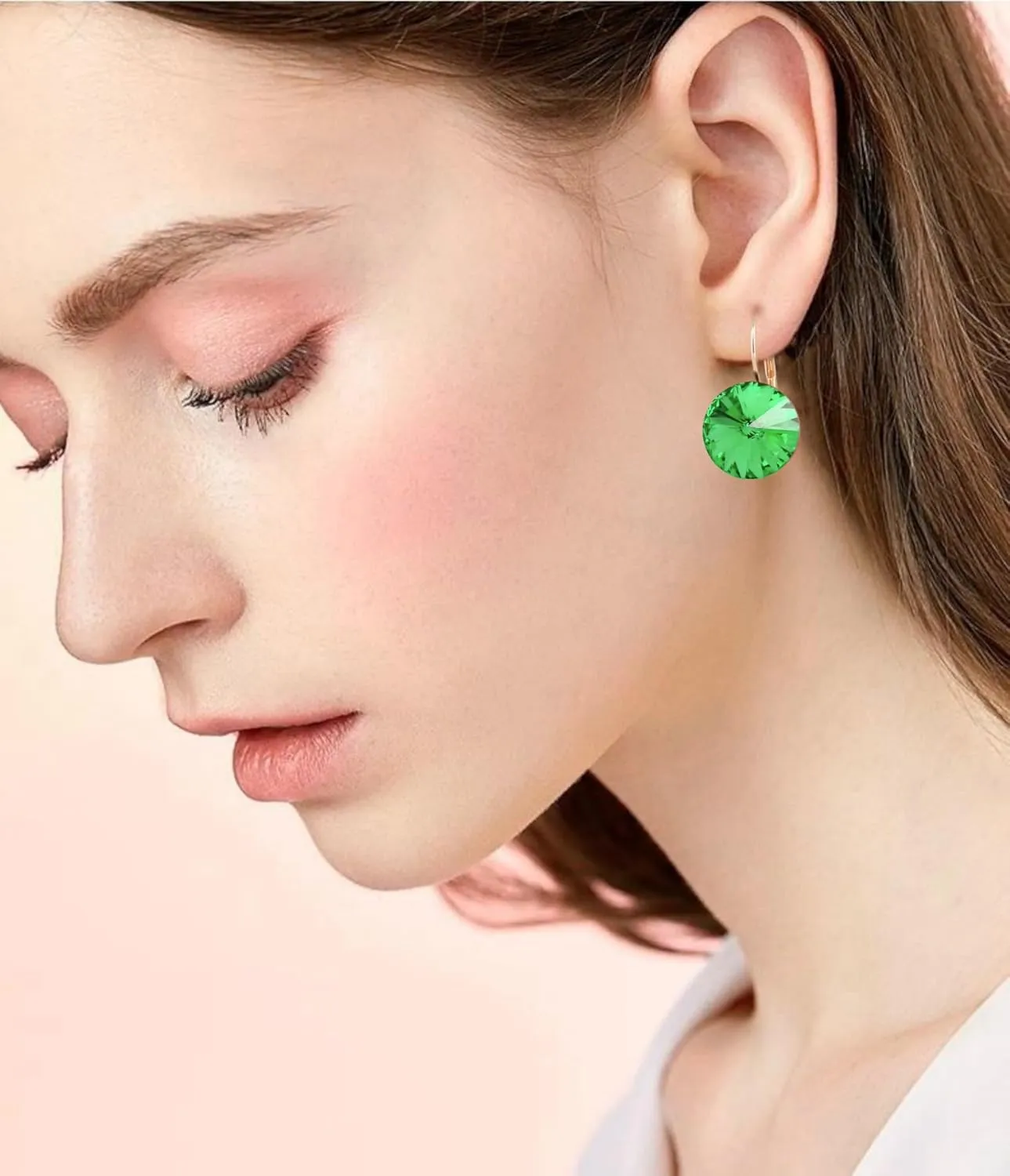 Austrian Crystal Round Drop Dangle Leverback Earrings | Plated 18K/Rose Gold Zircon Gemstone Birthstone Hoop Hanging Dangly Earrings Jewelry Gift for Wife Mom Daughter Girlfriend