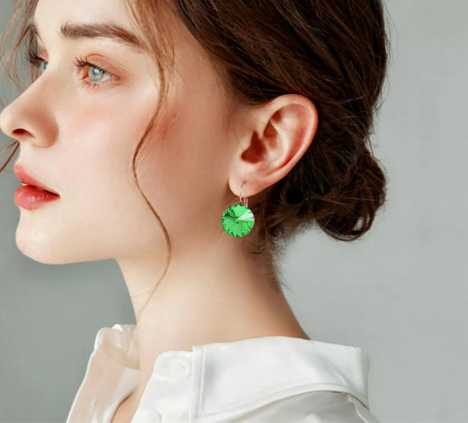 Austrian Crystal Round Drop Dangle Leverback Earrings | Plated 18K/Rose Gold Zircon Gemstone Birthstone Hoop Hanging Dangly Earrings Jewelry Gift for Wife Mom Daughter Girlfriend