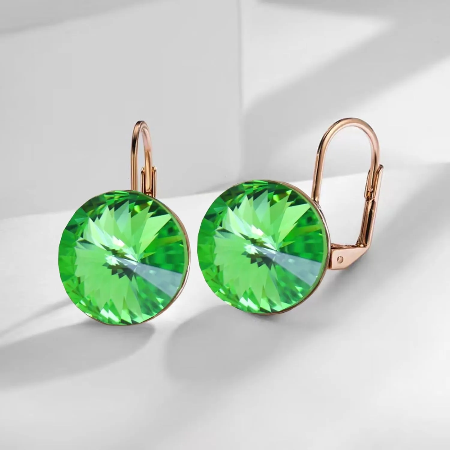 Austrian Crystal Round Drop Dangle Leverback Earrings | Plated 18K/Rose Gold Zircon Gemstone Birthstone Hoop Hanging Dangly Earrings Jewelry Gift for Wife Mom Daughter Girlfriend