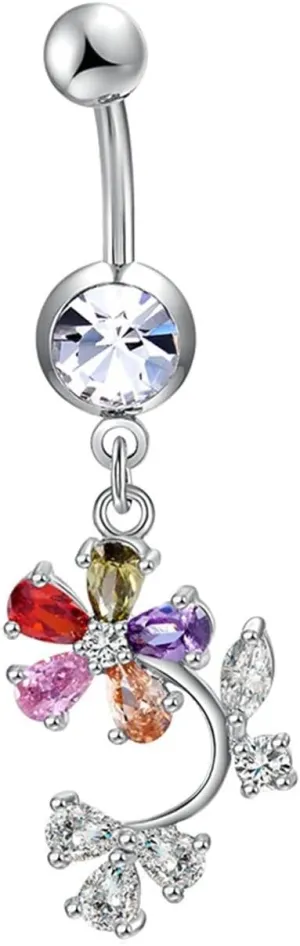 Bar Belly Ring Women, Belly Rings Dangle Navel Rings Surgical Steel Colorful Cubic Zirconia Flower Belly Ring Silver